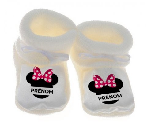 Chausson pour bébé personnalisé Disney Minnie Nœud rose pois blancs avec  prénom