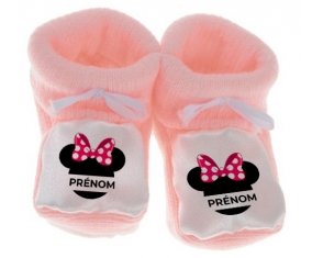 Chausson bébé Disney Minnie Nœud rose pois blancs avec prénom de couleur Rose