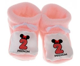 Chausson bébé Disney Minnie Numéro 2 rouge pois blancs papillon rouge avec prénom de couleur Rose