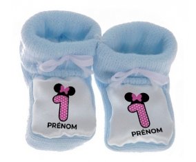 Chausson bébé Disney Minnie Numéro 1 rose pois blancs papillon rose avec prénom de couleur Bleu