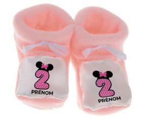 Chausson bébé Disney Minnie Numéro 2 rose pois blancs papillon rose avec prénom de couleur Rose