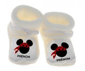 Chausson bébé Disney Mickey foulard pirate rouge pois noirs avec prénom de couleur Blanc