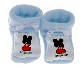 Chausson bébé Disney Mickey Numéro 2 avec prénom de couleur Bleu