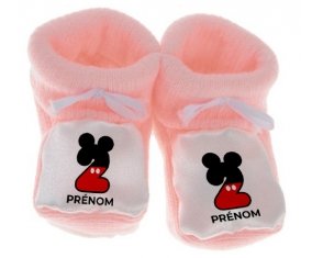 Chausson bébé Disney Mickey Numéro 2 avec prénom de couleur Rose