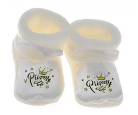 Chausson bébé Couronne jaune étoile princesse design-1 de couleur Blanc