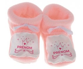 Chausson bébé Couronne rose cœur design-1 avec prénom de couleur Rose