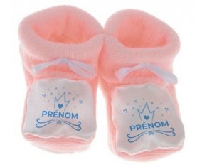 Chausson bébé Couronne bleue cœur design-1 avec prénom de couleur Rose