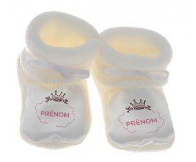 Chausson bébé Couronne rose bulle cœur avec prénom de couleur Blanc