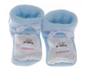 Chausson bébé Couronne rose bulle cœur avec prénom de couleur Bleu