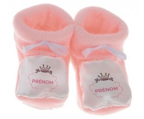 Chausson bébé Couronne rose bulle cœur avec prénom de couleur Rose