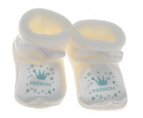 Chausson bébé Couronne bleue cœur design-2 avec prénom de couleur Blanc