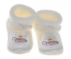 Chausson bébé Couronne jaune étoile princesse design-2 de couleur Blanc