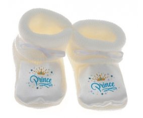 Chausson bébé Couronne jaune étoile prince design-2 de couleur Blanc