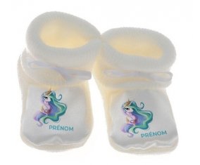 Chausson bébé My Little Pony Princesse Célestia design-2 avec prénom de couleur Blanc