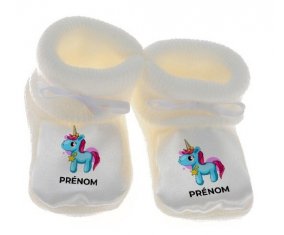 Chausson bébé Licorne bleue rose avec prénom de couleur Blanc