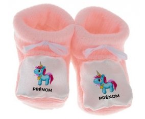 Chausson bébé Licorne bleue rose avec prénom de couleur Rose