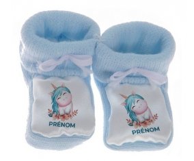 Chausson bébé Licorne turquoise avec prénom de couleur Bleu