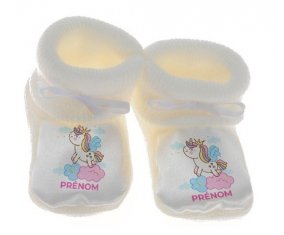 Chausson bébé Licorne avec couronne sur nuage avec prénom de couleur Blanc