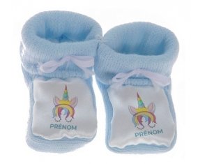 Chausson bébé Licorne design-1 avec prénom de couleur Bleu