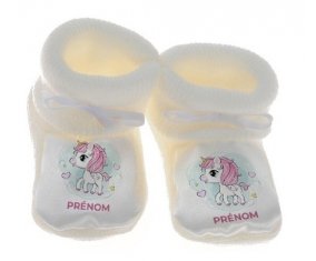 Chausson bébé Poney rose cœur avec prénom de couleur Blanc