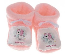 Chausson bébé Poney rose cœur avec prénom de couleur Rose