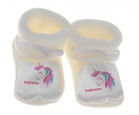 Chausson bébé Licorne design-2 avec prénom de couleur Blanc