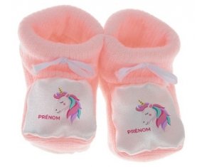 Chausson bébé Licorne design-2 avec prénom de couleur Rose