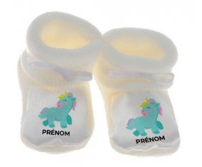 Chausson bébé Licorne design-3 avec prénom de couleur Blanc