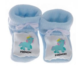 Chausson bébé Licorne design-3 avec prénom de couleur Bleu
