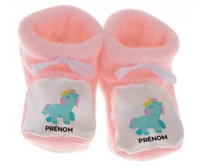 Chausson bébé Licorne design-3 avec prénom de couleur Rose