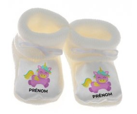 Chausson bébé Licorne design-4 avec prénom de couleur Blanc