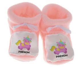 Chausson bébé Licorne design-4 avec prénom de couleur Rose
