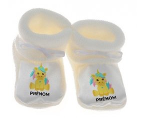 Chausson bébé Licorne design-5 avec prénom de couleur Blanc