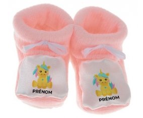 Chausson bébé Licorne design-5 avec prénom de couleur Rose