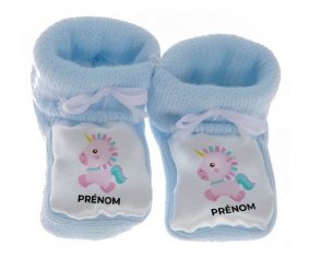 Chausson bébé Licorne design-6 avec prénom de couleur Bleu