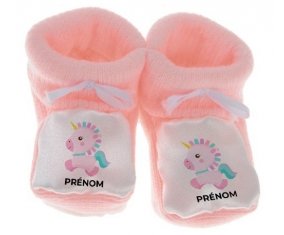 Chausson bébé Licorne design-6 avec prénom de couleur Rose