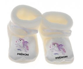 Chausson bébé Licorne design-7 avec prénom de couleur Blanc