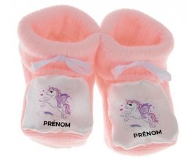 Chausson bébé Licorne design-7 avec prénom de couleur Rose