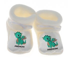 Chausson bébé Dragon design-1 avec prénom de couleur Blanc