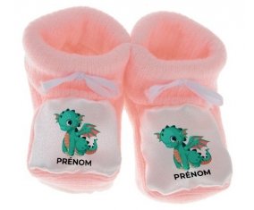 Chausson bébé Dragon design-1 avec prénom de couleur Rose