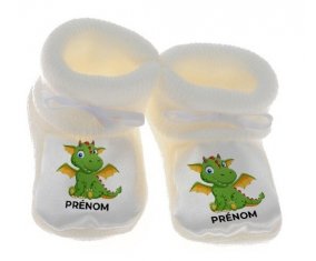 Chausson bébé Dragon design-2 avec prénom de couleur Blanc