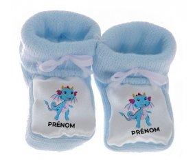 Chausson bébé Dragon design-3 avec prénom de couleur Bleu