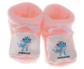 Chausson bébé Dragon design-3 avec prénom de couleur Rose