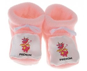 Chausson bébé Dragon design-4 avec prénom de couleur Rose
