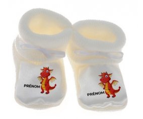 Chausson bébé Dragon design-5 avec prénom de couleur Blanc