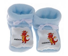 Chausson bébé Dragon design-5 avec prénom de couleur Bleu