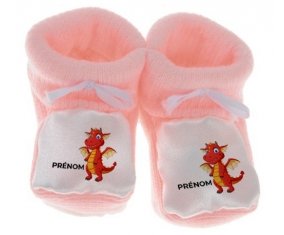 Chausson bébé Dragon design-5 avec prénom de couleur Rose