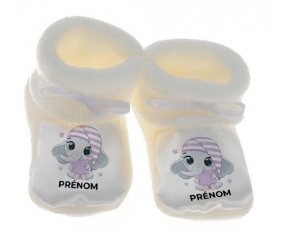 Chausson bébé Bébé éléphant douce nuit avec prénom de couleur Blanc