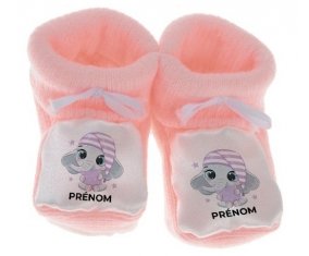 Chausson bébé Bébé éléphant douce nuit avec prénom de couleur Rose