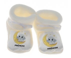 Chausson bébé Bébé éléphant bonne nuit avec prénom de couleur Blanc